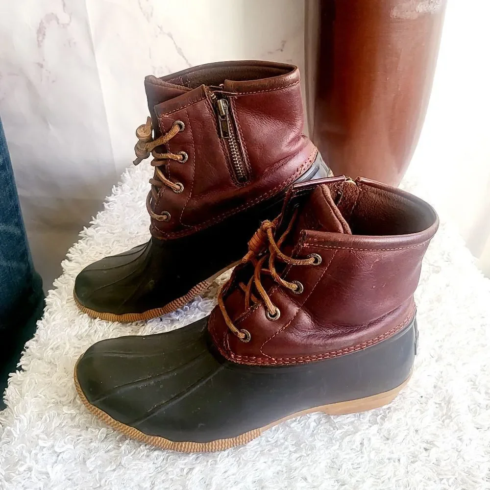 Sperry leather trim duck boots hunter green and brown